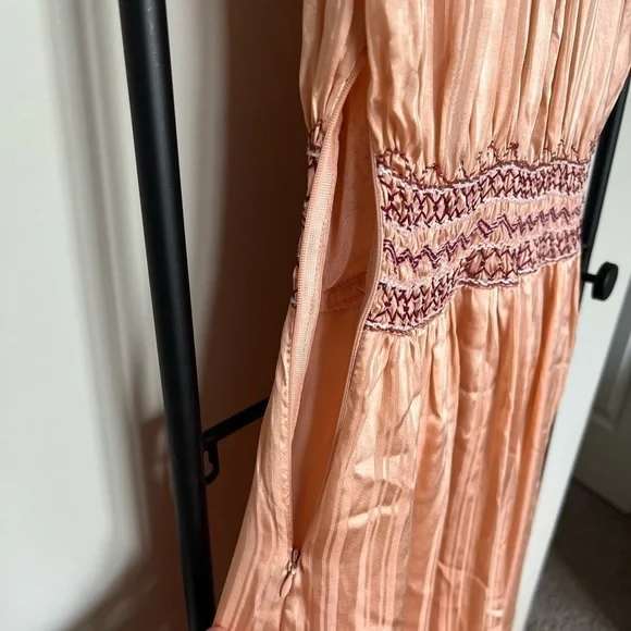 NWOT Ulla Johnson Peach Satin Embroidered Waist Midi Dress Sz 0 - Picture 5 of 10